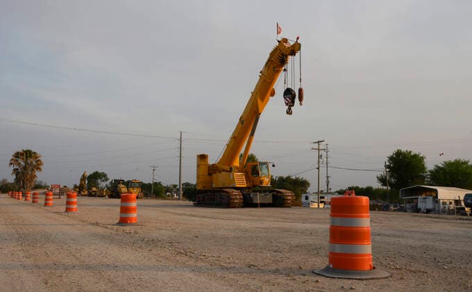 March 26, 2021, Granejo, Texas, USA: Machinery and construction material including rebar sit idle and untouched yards from the Rio Grande River south of Mission where a section of the U.S.-Mexico border wall sits incomplete. This section would isolate the Chimney s RV Park and historical La Lomita Chapel on the Mexican side of the wall. Granejo USA - ZUMAd150 20210326_znp_d150_060 Copyright: xBobxDaemmrichx