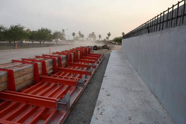 March 26, 2021, Granejo, Texas, USA: Machinery and construction material including rebar sit idle and untouched yards from the Rio Grande River south of Mission where a section of the U.S.-Mexico border wall sits incomplete. This section would isolate the Chimney s RV Park and historical La Lomita Chapel on the Mexican side of the wall. Granejo USA - ZUMAd150 20210326_znp_d150_056 Copyright: xBobxDaemmrichx