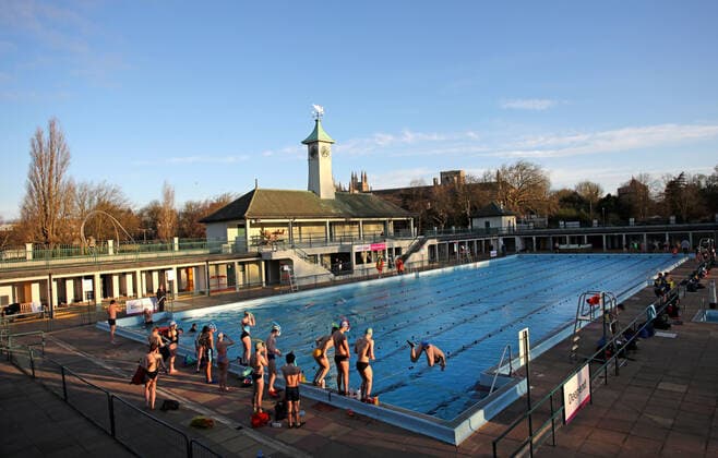 Swimmers enjoying the first dip in the Peterborough Lido for over a year, as it has been unable to open since the first lockdown in March 2020. Peterborough Lido was first opened in 1936 and still retains the art deco look to this day. Today lockdown restrictions are starting to ease and outdoor sports like swimming and tennis, with people also being allowed to take part in organised outdoor sports, and outdoor gatherings of up to six people or a larger group from up to two households will be permissible. 