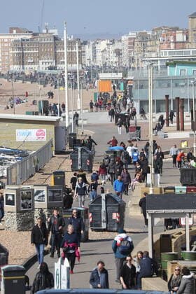 . 29 03 2021. Brighton, United Kingdom. A crowded Brighton beach on Happy Monday - the start of the latest Covid 19 lockdown easing .  xStephenxLockx xi-Imagesx IIM-22085-0022
