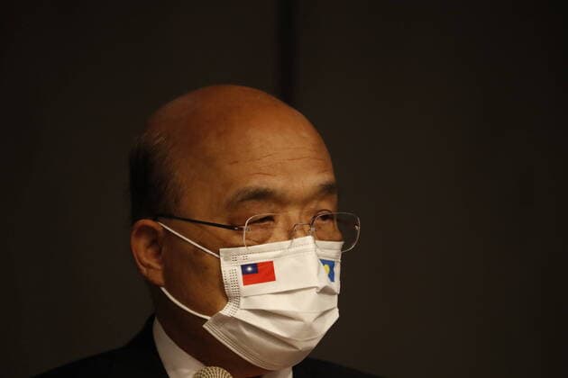 March 29, 2021, Taipei, Taipei, Taiwan: Taiwan Premier Su Tseng-Chang wearing a mask with the logos of Taiwan and Palau during an international press conference as part of his official 5-day visit to the island. With the arrival of his delegation on 28 March, Surangel Whipps, Jr. will visit Taiwan President Tsai Ing-wen, other predominant officials and enterprises whilst a quarantine free travel bubble scheme has been in place with effective 1 April during the Covid-19 pandemic. Taipei Taiwan - ZUMAs313 20210329_zip_s313_016 Copyright: xDanielxCengxShou-Yix
