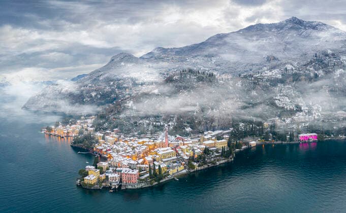 Mist over Varenna old town and Lake Como after a snowfall in winter, aerial view, Lecco province, Lombardy, Italian Lakes, Italy, Europe Copyright: RobertoxMoiola 1179-4961