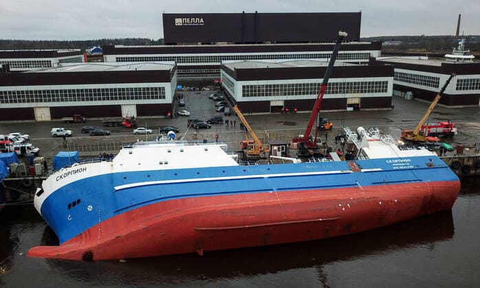 OTRADNOYE, LENINGRAD REGION, RUSSIA - MARCH 30, 2021: The heeled over Skorpion trawler is pictured at the Pella Shipyard. The vessel that is under construction, heeled over and the holds were flooded on March 30. Six workers were able to evacuate; a rescue operation for two people is underway. Peter Kovalev TASS  TS0FB017
