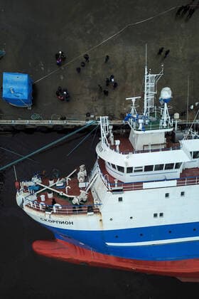 OTRADNOYE, LENINGRAD REGION, RUSSIA - MARCH 30, 2021: The heeled over Skorpion trawler is pictured at the Pella Shipyard. The vessel that is under construction, heeled over and the holds were flooded on March 30. Six workers were able to evacuate; a rescue operation for two people is underway. Peter Kovalev TASS  TS0FB019