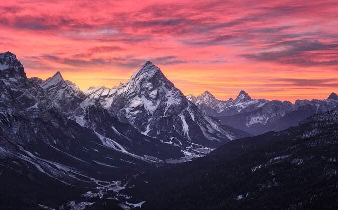 Pink sunrise on Antelao and Cortina d Ampezzo valley in winter with snow, Dolomites, Trentino-Alto Adige, Italy, Europe Copyright: FrancescoxFanti 1336-226