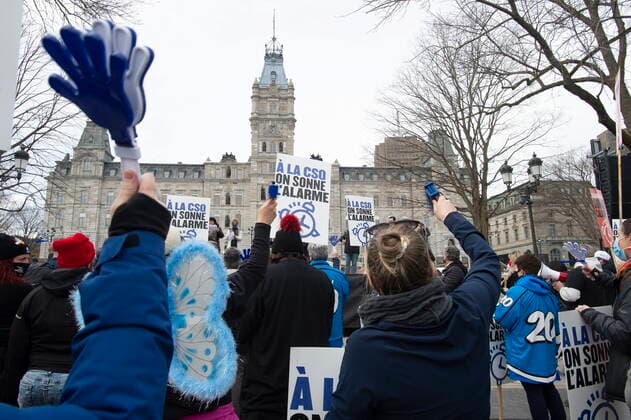 March 31, 2021, QUEBEC, PQ, Canada: Hundreds of union workers of the public sector demonstrate to get better offers from the government, Wednesday, March 31, 2021 at the legislature in Quebec City. QUEBEC Canada  - ZUMAc35_ 20210331_zaf_c35_018 Copyright: xJacquesxBoissinotx