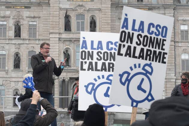 March 31, 2021, QUEBEC, PQ, Canada: CSN president Jacques Letourneau speaks to union workers of the public sector as they demonstrate to get better offers from the government, Wednesday, March 31, 2021 at the legislature in Quebec City. Eight union leaders gathered with hundreds of demonstrators. QUEBEC Canada  - ZUMAc35_ 20210331_zaf_c35_023 Copyright: xJacquesxBoissinotx