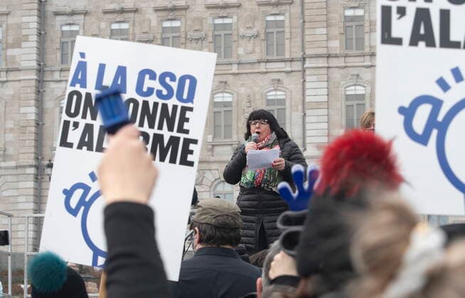 March 31, 2021, QUEBEC, PQ, Canada: CSQ president Sonia Ethier speaks to union workers of the public sector as they demonstrate to get better offers from the government, Wednesday, March 31, 2021 at the legislature in Quebec City. Eight union leaders gathered with hundreds of demonstrators. QUEBEC Canada  - ZUMAc35_ 20210331_zaf_c35_024 Copyright: xJacquesxBoissinotx