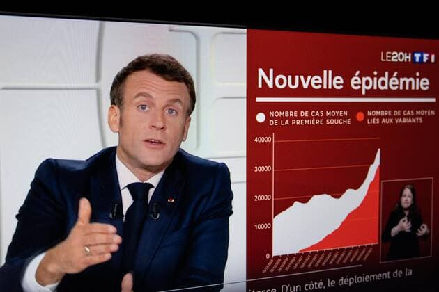 Paris, France, March 31, 2021 - Illustration of the televised address of French President Emmanuel Macron on the health situation.  Copyright: xAlexisxSciardx