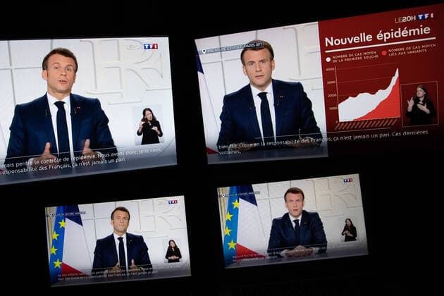 Paris, France, March 31, 2021 - Illustration of the televised address of French President Emmanuel Macron on the health situation.  Copyright: xAlexisxSciardx