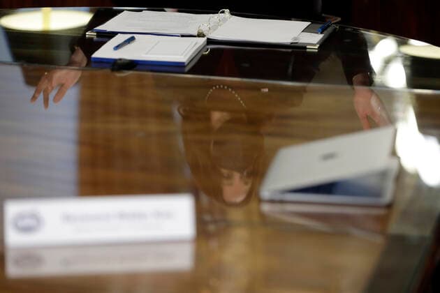 March 31, 2021, Washington, District of Columbia, USA: United States Vice President Kamala Harris s reflection is seen during her roundtable discussion with faith leaders on their efforts to encourage communities to take the COVID-19 vaccine at the White House on March 31, 2021 in Washington, DC Washington USA - ZUMAs152 20210331_zaa_s152_014 Copyright: xYurixGripasx-xPoolxViaxCnpx