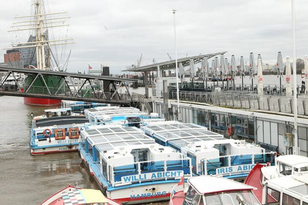 Launches are moored during the lockdown at the landing stages Altona Hamburg