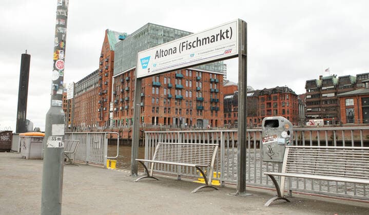 Almost deserted ferry station Altona Fischmarkt during the lockdown Altona Hamburg