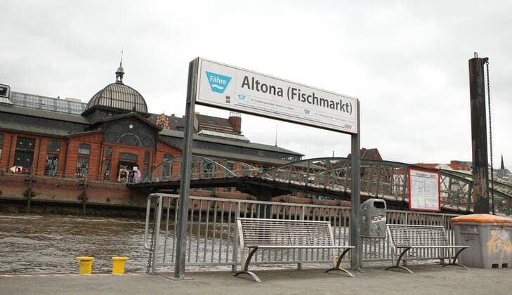 Almost deserted ferry station Altona Fischmarkt during the lockdown Altona Hamburg