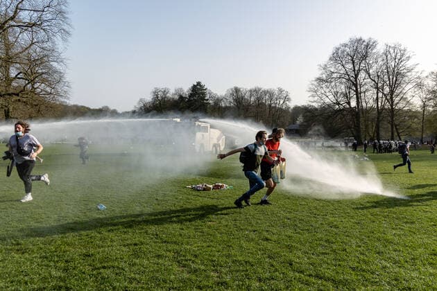 April 1, 2021, Brussels, Belgium: Protest against sanitary measures and wild party called La Boum in Brussels, social distancing was rarely respected and the wearing of masks also, a lot of tension and violence between police and demonstrators. Brussels Belgium - ZUMAb331 20210401_zaf_b331_027 Copyright: xArnaudxBrianx