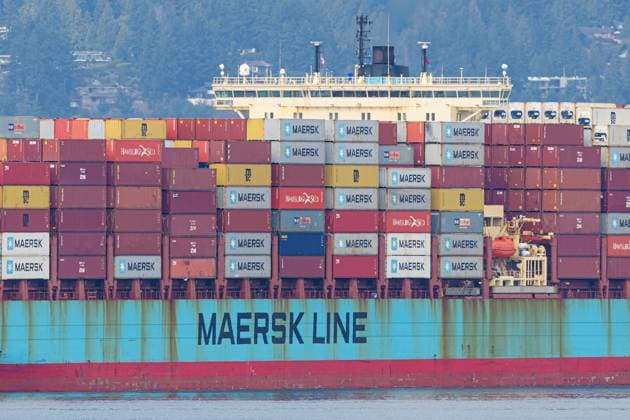 April 1, 2021, Vancouver, British Columbia, Canada: The container ship Anna Maersk at anchor in Burrard Inlet, the outer harbor for the Port of Vancouver, Canada. The parent company of the Maersk Line is A.P. Moller-Maersk. Vancouver Canada - ZUMAs202 20210401_zap_s202_004 Copyright: xBaynexStanleyx
