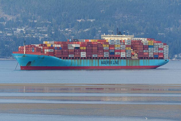 April 1, 2021, Vancouver, British Columbia, Canada: The container ship Anna Maersk at anchor in Burrard Inlet, the outer harbor for the Port of Vancouver, Canada. The parent company of the Maersk Line is A.P. Moller-Maersk. Vancouver Canada - ZUMAs202 20210401_zap_s202_006 Copyright: xBaynexStanleyx