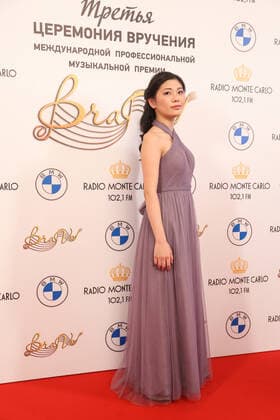 MOSCOW, RUSSIA â€“ APRIL 2, 2021: Japanese pianist Shio Okui poses for a photograph before the 4th BraVo music awards ceremony at the Bolshoi Theatre. BraVo is an international professional music award presented to artists for their contribution to classical art and popular music. Vyacheslav Prokofyev TASS  TS0FB53B
