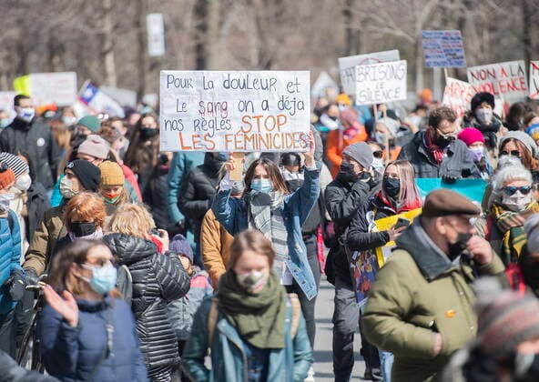 April 2, 2021, Montreal, PQ, Canada: People take part in a demonstration to highlight violence against women in Montreal, Friday, April 2, 2021. Montreal Canada  - ZUMAc35_ 20210402_zaf_c35_052 Copyright: xGrahamxHughesx