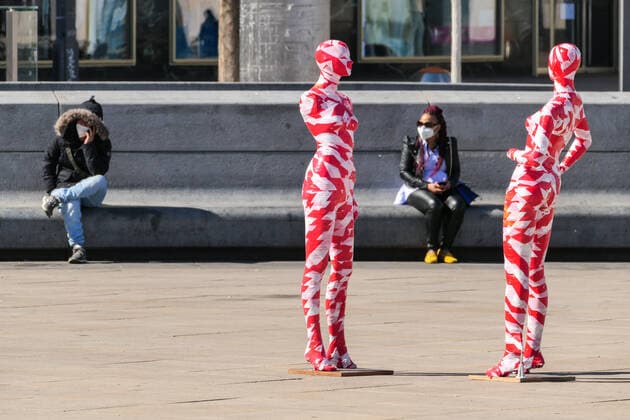 (210403) -- BERLIN, April 3, 2021 -- Mannequins wrapped in warning tapes are displayed at the memorial installation It is like it is to show separations caused by the COVID-19 pandemic and call on people to value everything around them more at Alexanderplatz in Berlin, capital of Germany, April 2, 2021. (Photo by Xinhua) GERMANY-BERLIN-MEMORIAL INSTALLATION- IT IS LIKE IT IS StefanxZeitz 