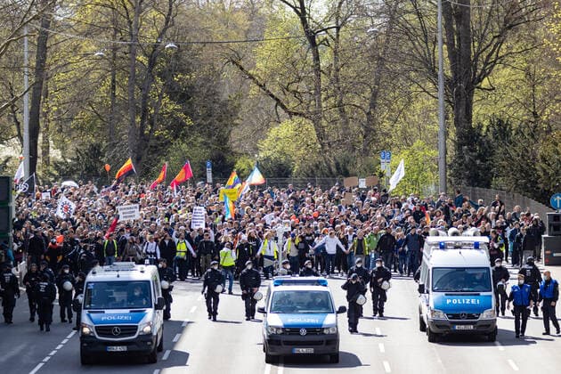 Demonstration of Querdenken 711 in Stuttgart 03 04 2021 Under the motto The year of freedom Basic rights are not negotiable supporters of the Querdenken movement demonstrate in Stuttgart Counter-demonstrators try to block the demonstrations on bicycles and on foot