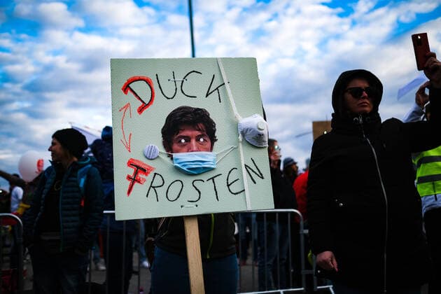 Demonstration against Corona requirements in Stuttgart 03 04 2021 Stuttgart Participants at a rally against the Corona requirements on the Cannstatter Wasen in Stuttgart On the sign is DUCK FROSTEN Kassel Hesse Germany