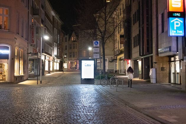 Like an abandoned city. Aachen on Easter vigil between 10 p.m. and 11 p.m. View into the deserted Kleinmarschierstrasse. In Aachen on April 3, 2021 GERMANY - AACHEN - EASTER Easter 2021 Covid Pandemic