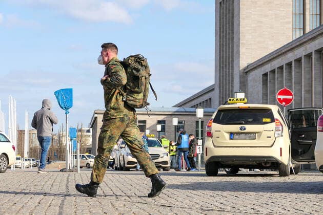 04 04 2021,Easter,Berlin,Germany,GER,Corona Vaccination Center Messe Berlin Hall 21 BioNTech A Bundeswehr soldier is on site