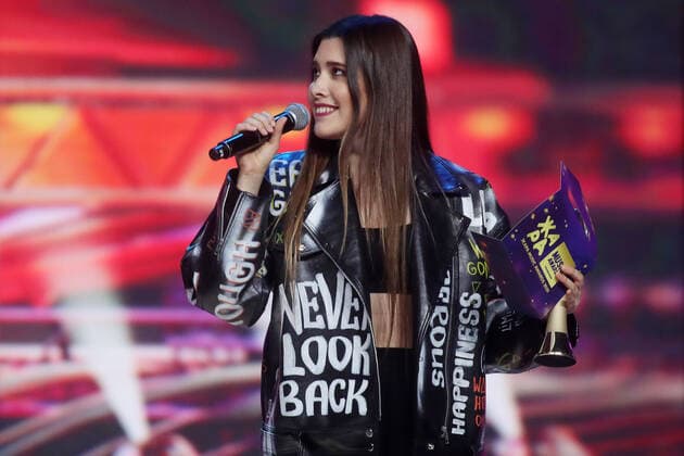 MOSCOW REGION, RUSSIA - APRIL 4, 2021: Singer Anet Sai (Anna Saidaliyeva), the winner of the Soundtrack of the Year prize, at the 2021 Zhara Music Awards ceremony at the Crocus City Hall. Vyacheslav Prokofyev TASS  TS0FB95C