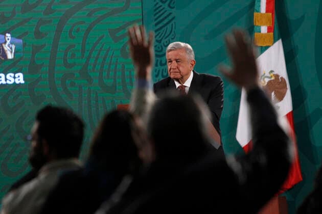 President of Mexico Press Conference Ahead Of Gubernatorial Campaigns MEXICO CITY, MEXICO - APRIL 5: The President of Mexico, Andres Manuel Lopez Obrador, speaks during briefing press conference and he spoke about the begin political campaign to governors Elections at National Palace on April 5, 2021 in Mexico City, Mexico. Copyright: xLuisxBarronx EYEPIXGROUP_LB_05042021_5755