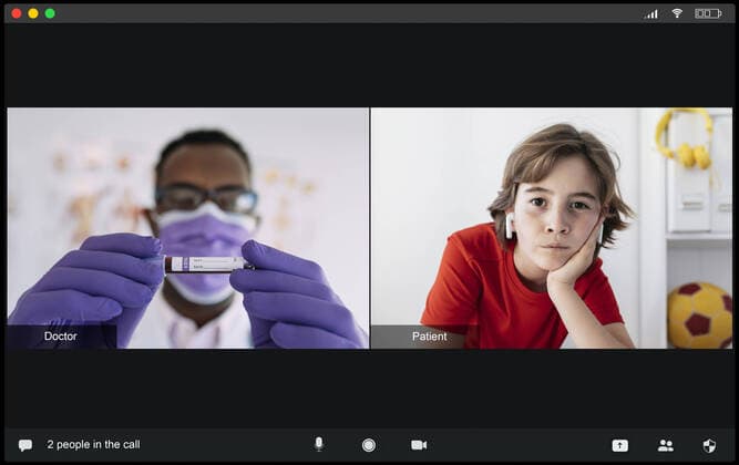 Concentrated young black male doctor in medical uniform and mask showing test tube with blood sample to attentive boy with earbuds patient during video call, Model released, Property released Copyright: xSergioxVictorxVegax MR