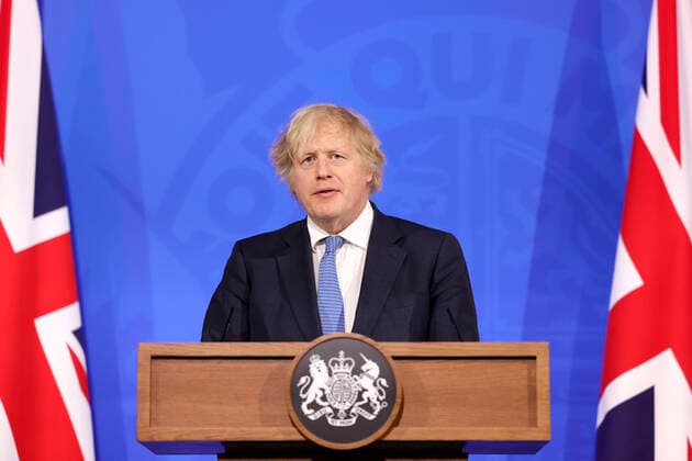 Bilder des Jahres 2021, News 04 April News Themen der Woche KW14 News Bilder des Tages (210405) -- LONDON, April 5, 2021 -- British Prime Minister Boris Johnson speaks at a virtual Downing Street press conference in London, Britain, on April 5, 2021. Johnson on Monday confirmed that from April 12, non-essential shops will reopen and pubs and restaurants will reopen outdoors as Britain moves to step two of the roadmap out of the COVID lockdown. (Pippa Fowles No 10 Downing Street Handout via Xinhua) BRITAIN-LONDON-COVID-19-PM-PRESS CONFERENCE HanxYan 
