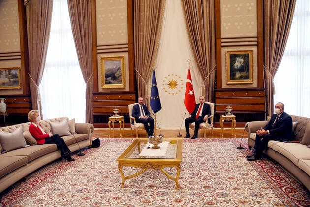 (210406) -- ANKARA, April 6, 2021 -- Turkish President Recep Tayyip Erdogan (2nd R) meets with European Council President Charles Michel (2nd L) and European Commission President Ursula von der Leyen (1st L) in Ankara, Turkey, on April 6, 2021. Top officials of the European Union on Tuesday expressed readiness to work on concrete agenda with Turkey to push forward economy and migration cooperation between the two sides. (Photo by Xinhua) TURKEY-ANKARA-PRESIDENT-EU-MEETING MustafaxKaya 