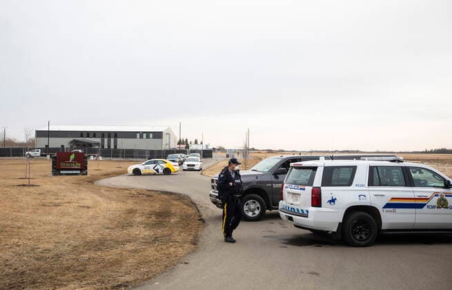 April 6, 2021, EDMONTON, ab, Canada: Police block the entrance as a fence goes up around GraceLife Church near Edmonton on Wednesday April 7, 2021. The Alberta government has closed down and fenced off a church that has been charged with refusing to follow COVID-19 health rules. Alberta Health Services, in a statement, says GraceLife church will remain closed until it shows it will comply with public-health measures meant to contain the spread of the novel coronavirus. EDMONTON Canada  - ZUMAc35_ 20210406_zaf_c35_125 Copyright: xJasonxFransonx