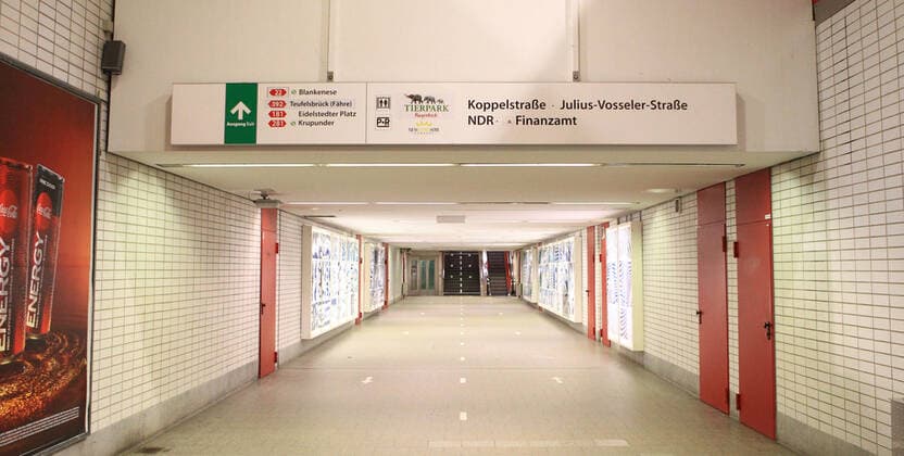 The deserted exit of the underground station Hagenbecks Tierpark during the curfew in Hamburg after 21 oclock Stellingen Hamburg