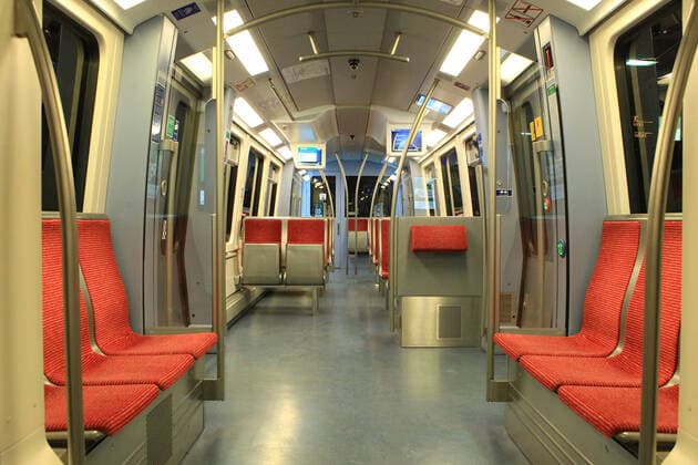 A deserted carriage of the underground line U3 during curfew in Hamburg Barmbek Hamburg