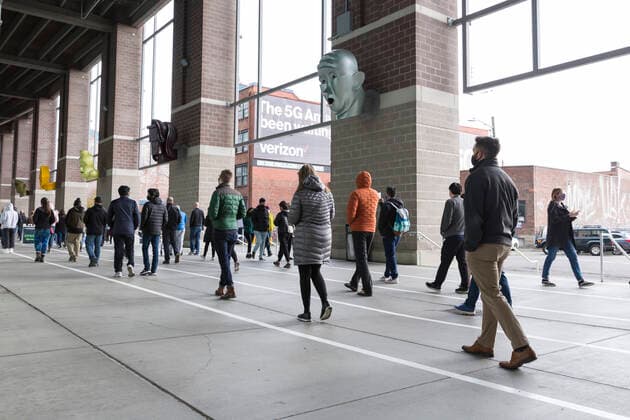 April 7, 2021, Seattle, Washington, USA: Patients wait in lines to receive the first dose of the PfizerÃ¢â‚¬BioNTech COVID-19 vaccine at the Lumen Field Event Center in Seattle on Wednesday, April 7, 2021. The City of Seattle administered a record 7,615 doses of vaccine at the site on Wednesday. Seattle USA - ZUMAg235 20210407_zap_g235_024 Copyright: xPaulxChristianxGordonx