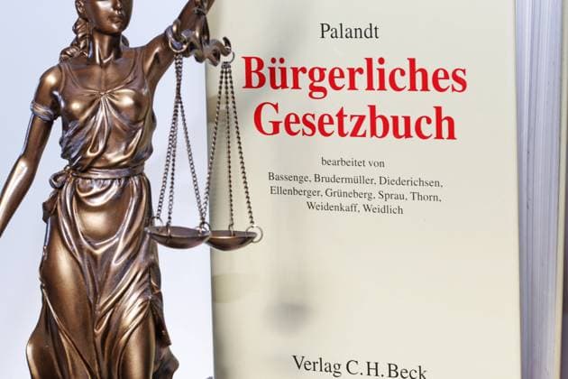 Symbol image court decision Justitia with Palandt civil code in the background Copyright: xx