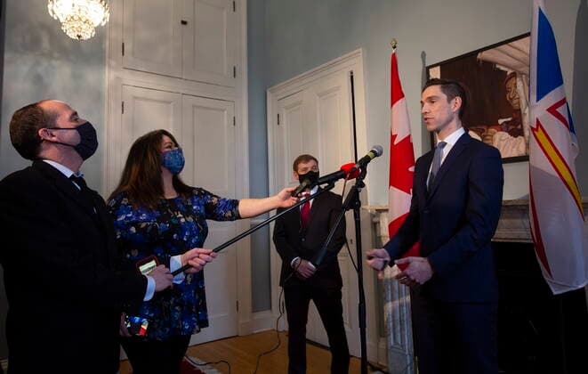 April 8, 2021, St. John s, NL, Canada: Newfoundland and Labrador Minister of Justice and Public Safety and Attorney General John Hogan, Q.C., who displaced Progressive Conservative Leader Ches Crosbie in his first election win, speaks to media following the government s swearing in ceremony, at Government House in St. John s, Thursday, April 8, 2021. St. John s Canada  - ZUMAc35_ 20210408_zaf_c35_041 Copyright: xPaulxDalyx