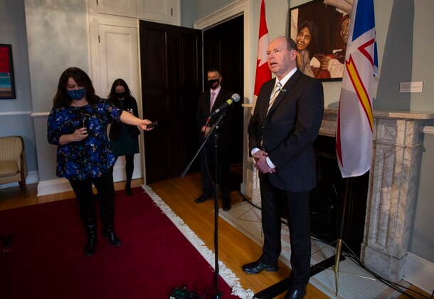 April 8, 2021, St. John s, NL, Canada: John Abbott, a former Liberal leadership candidate, takes questions from the media following the government s swearing in ceremony, at Government House in St. John s, Thursday, April 8, 2021. Abbott takes on the roles of Minister of Children, Seniors and Social Development, Minister Responsible for the Status of Persons with Disabilities, Minister Responsible for the Community Sector, Minister Responsible for the Newfoundland and Labrador Housing Corporation. St. John s Canada  - ZUMAc35_ 20210408_zaf_c35_049 Copyright: xPaulxDalyx