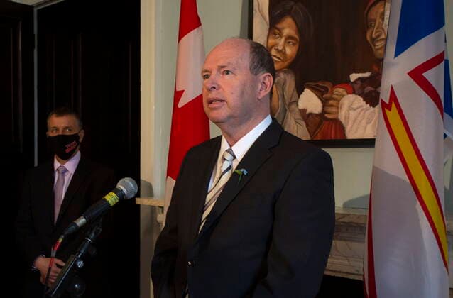 April 8, 2021, St. John s, NL, Canada: John Abbott, a former Liberal leadership candidate, takes questions from the media following the government s swearing in ceremony, at Government House in St. John s, Thursday, April 8, 2021. Abbott takes on the roles of Minister of Children, Seniors and Social Development, Minister Responsible for the Status of Persons with Disabilities, Minister Responsible for the Community Sector, Minister Responsible for the Newfoundland and Labrador Housing Corporation. St. John s Canada  - ZUMAc35_ 20210408_zaf_c35_050 Copyright: xPaulxDalyx