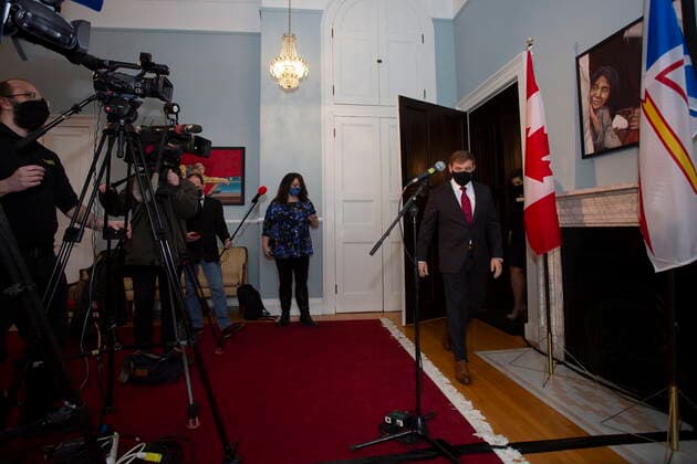 April 8, 2021, St. John s, NL, Canada: Newfoundland and Labrador Premier Andrew Furey arrives to speak to media following the government s swearing in ceremony, at Government House in St. John s, Thursday, April 8, 2021. St. John s Canada  - ZUMAc35_ 20210408_zaf_c35_051 Copyright: xPaulxDalyx