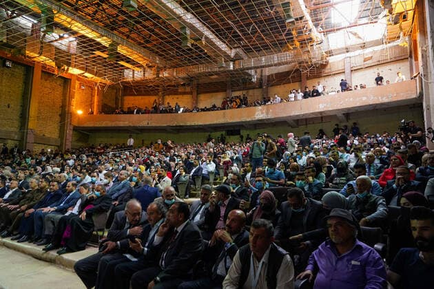 April 8, 2021, Mosul, Nineveh, Iraq: The audience during a performance by the Watar orchestral, playing for the first time on the grounds of the Spring Theatre Hall, which was destroyed during the ISIS occupation in the city..The Watar orchestral includes 36 young men and women from different denominations of Nineveh Governorate, including Muslims, Christians and Yazidis, whose ages range between 8-32 years. Mosul Iraq - ZUMAs197 20210408_zaa_s197_170 Copyright: xIsmaelxAdnanx