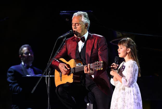 (210409) -- AL ULA, April 9, 2021 -- Italian tenor Andrea Bocelli performs with his daughter Virginia at a concert in Al-Ula, northwestern Saudi Arabia, April 8, 2021. The Italian legendary tenor Andrea Bocelli on Thursday evening performed within the walls of Hegra, Saudi Arabia s first UNESCO World Heritage Site. TO GO WITH Italian tenor Bocelli performs in Saudi s world heritage site ( Handout via Xinhua) SAUDI ARABIA-AL ULA-ANDREA BOCELLI-CONCERT ThexRoyalxCommissionxforxAlUla 