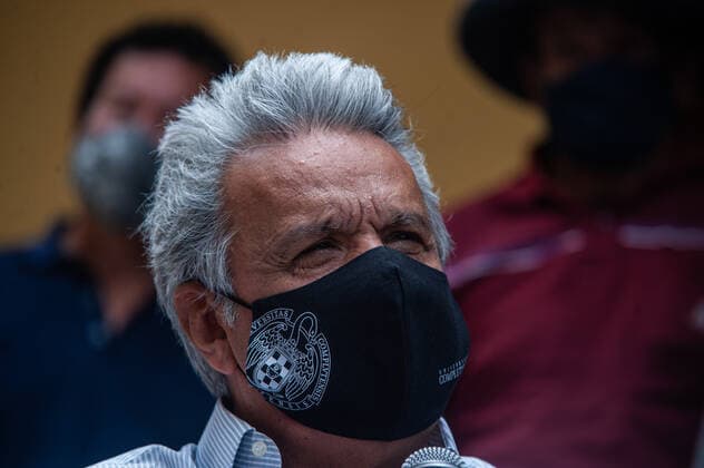 April 9, 2021, Quito, Pichincha, Ecuador: President of Ecuador, Lenin Moreno wearing a facemask gives a statement to the press during the first phase of Pfizer COVID19 vaccination in Quito..The first phase of COVID19 Vaccination in Ecuador has been carried out starting with persons with disabilities. This vaccination program is designed to reach their homes, on this occasion the beneficiary was Camita Quichuela, a 41-year-old woman who has 80% intellectual disability (ID) and is totally dependent on the care of her mother. The President of Ecuador Lenin Moreno was present at the event. Quito Ecuador - ZUMAs197 20210409_zaa_s197_277 Copyright: xJuanxDiegoxMontenegrox