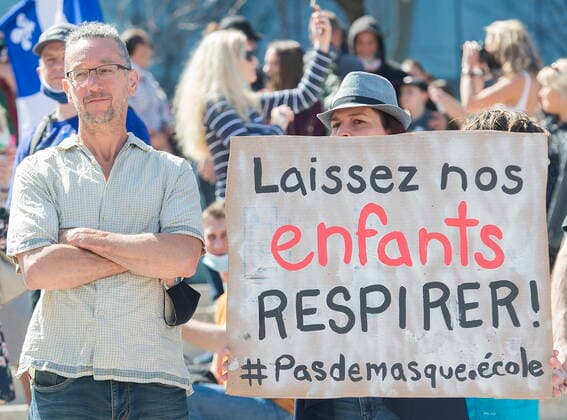 April 10, 2021, Montreal, PQ, Canada: People take part in a demonstration in Montreal, Saturday, April 10, 2021, opposing the Quebec governmentÃ¢â‚¬â ¢s health and safety measures to curb the spread of Covid-19 in schools as the COVID-19 pandemic continues in Canada and around the world. Montreal Canada  - ZUMAc35_ 20210410_zaf_c35_011 Copyright: xGrahamxHughesx