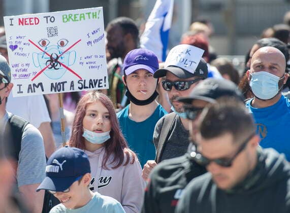 April 10, 2021, Montreal, PQ, Canada: People take part in a demonstration in Montreal, Saturday, April 10, 2021, opposing the Quebec governmentÃ¢â‚¬â ¢s health and safety measures to curb the spread of Covid-19 in schools as the COVID-19 pandemic continues in Canada and around the world. Montreal Canada  - ZUMAc35_ 20210410_zaf_c35_013 Copyright: xGrahamxHughesx