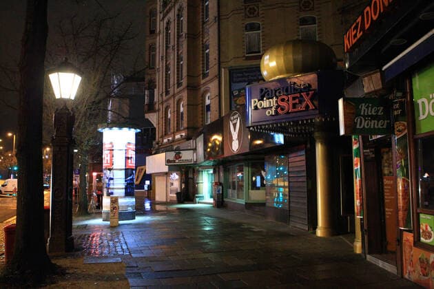 Empty street amusement mile Reeperbahn on St Pauli after the beginning of the curfew at 21 oclock Altona Hamburg