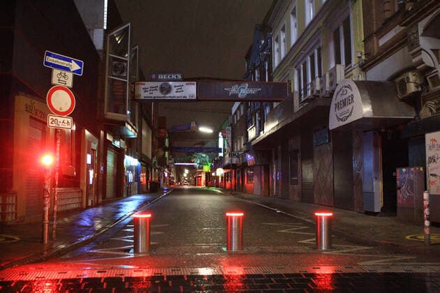 Empty street amusement mile Große Freiheit on St Pauli after the beginning of the curfew at 21 oclock Altona Hamburg