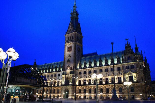 Empty town hall square in front of Hamburgs town hall after the curfew started at 9 p.m. Old town Hamburg